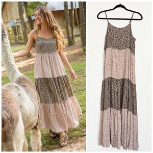 Natural Life Boho Floral Tiered Cream Green Kaia Dress